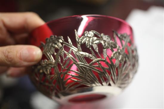 A set of six late 19th/early 20th century Chinese Export silver finger bowls by Wang Hing & Co, Hong Kong, with ruby glass liners,